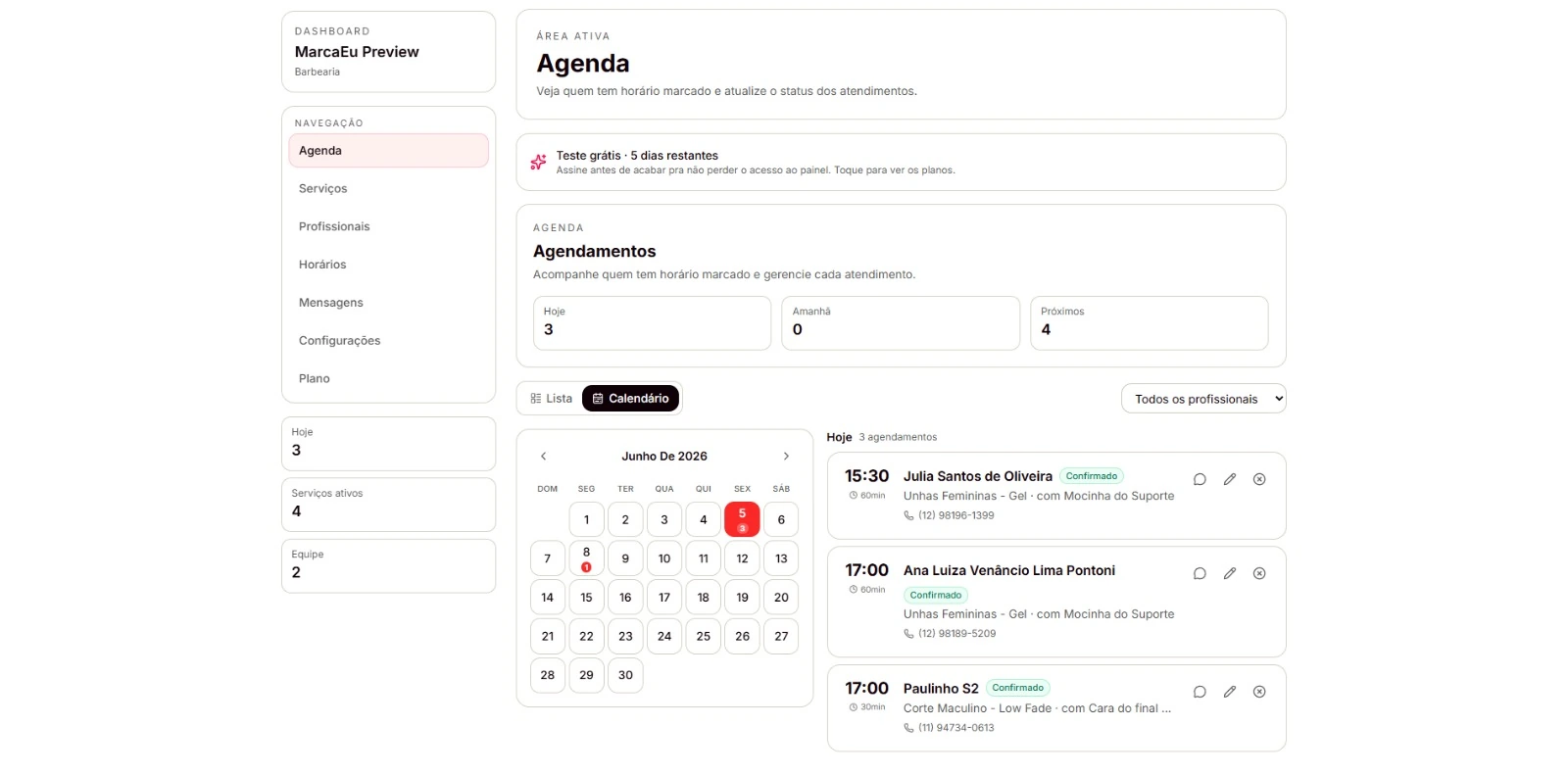 Painel do MarcaEu: Agenda